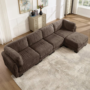 English Elm 3 Seat Chenille Modular Sectional with Movable Ottomans and Ruched Cushion Detail Brown 4 Seat with Ottoman W5656S00271