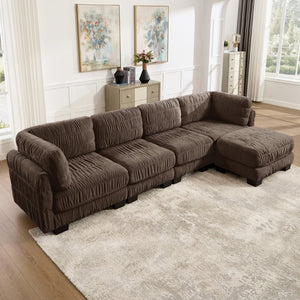 English Elm 3 Seat Chenille Modular Sectional with Movable Ottomans and Ruched Cushion Detail Brown 4 Seat with Ottoman W5656S00271