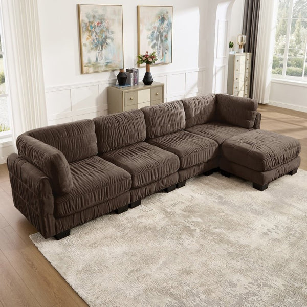 English Elm 3 Seat Chenille Modular Sectional with Movable Ottomans and Ruched Cushion Detail Brown 4 Seat with Ottoman W5656S00271