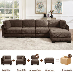 English Elm 3 Seat Chenille Modular Sectional with Movable Ottomans and Ruched Cushion Detail Brown 4 Seat with Ottoman W5656S00271