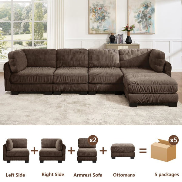 English Elm 3 Seat Chenille Modular Sectional with Movable Ottomans and Ruched Cushion Detail Brown 4 Seat with Ottoman W5656S00271