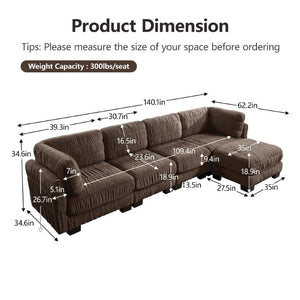 English Elm 3 Seat Chenille Modular Sectional with Movable Ottomans and Ruched Cushion Detail Brown 4 Seat with Ottoman W5656S00271