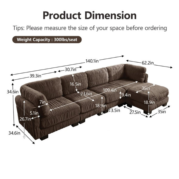 English Elm 3 Seat Chenille Modular Sectional with Movable Ottomans and Ruched Cushion Detail Brown 4 Seat with Ottoman W5656S00271