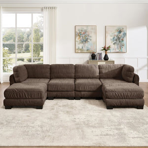 English Elm Channel Tufted U-Shape Modular Sectional Sofa in Chenille with Movable Ottomans Brown 140.1 x 62.2 x 34.6 inches W5656S00272