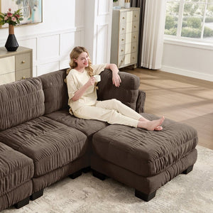 English Elm Channel Tufted U-Shape Modular Sectional Sofa in Chenille with Movable Ottomans Brown 140.1 x 62.2 x 34.6 inches W5656S00272