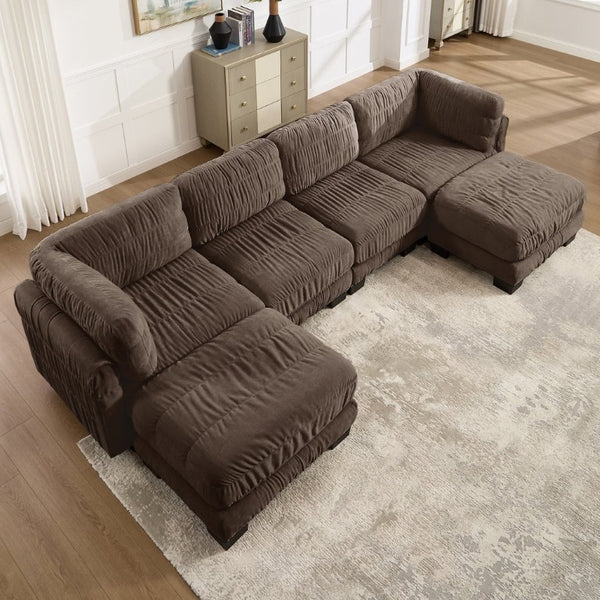 English Elm Channel Tufted U-Shape Modular Sectional Sofa in Chenille with Movable Ottomans Brown 140.1 x 62.2 x 34.6 inches W5656S00272