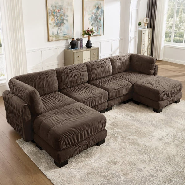 English Elm Channel Tufted U-Shape Modular Sectional Sofa in Chenille with Movable Ottomans Brown 140.1 x 62.2 x 34.6 inches W5656S00272