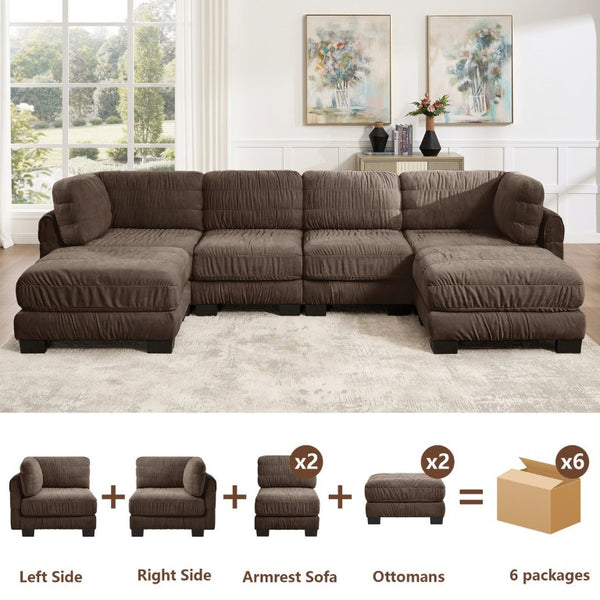 English Elm Channel Tufted U-Shape Modular Sectional Sofa in Chenille with Movable Ottomans Brown 140.1 x 62.2 x 34.6 inches W5656S00272