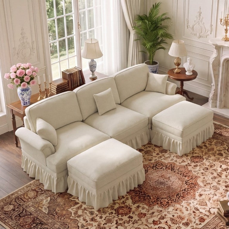 English Elm Classic Chenille U-Shaped Sectional with Spindle Legs Removable Skirts and Cloud Seating Beige White W5656S00291