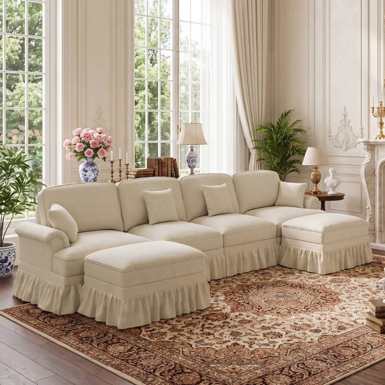 English Elm Classic U Shaped Chenille Sectional with Spindle Legs Detachable Skirts and Cloud Ottomans Beige White W5656S00295