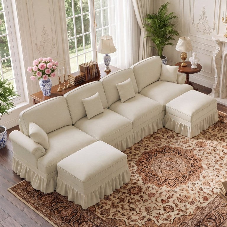 English Elm Classic U Shaped Chenille Sectional with Spindle Legs Detachable Skirts and Cloud Ottomans Beige White W5656S00295