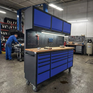 English Elm 72 Inch Rolling Steel Workshop Cabinet with Wood Bench Pegboard Drawers and LED Lighting W5675P513082