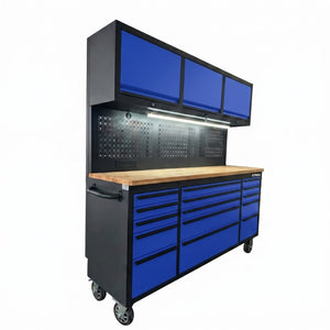 English Elm 72 Inch Rolling Steel Workshop Cabinet with Wood Bench Pegboard Drawers and LED Lighting W5675P513082