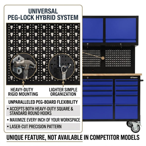 English Elm 72 Inch Rolling Steel Workshop Cabinet with Wood Bench Pegboard Drawers and LED Lighting W5675P513082