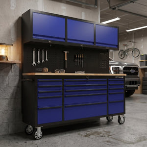 English Elm 72 Inch Rolling Steel Workshop Cabinet with Wood Bench Pegboard Drawers and LED Lighting W5675P513082