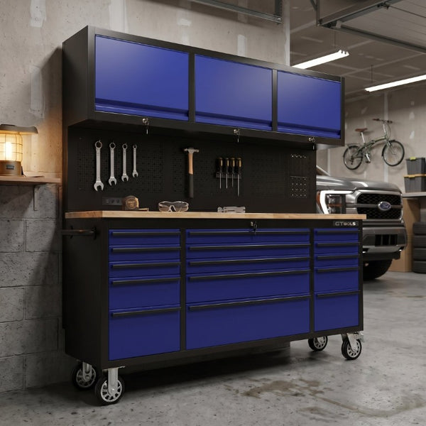 English Elm 72 Inch Rolling Steel Workshop Cabinet with Wood Bench Pegboard Drawers and LED Lighting W5675P513082