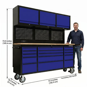 English Elm 72 Inch Rolling Steel Workshop Cabinet with Wood Bench Pegboard Drawers and LED Lighting W5675P513082