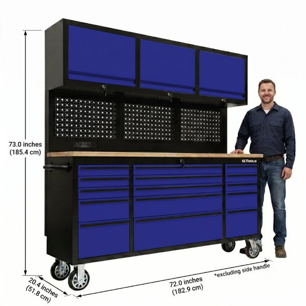 English Elm 72 Inch Rolling Steel Workshop Cabinet with Wood Bench Pegboard Drawers and LED Lighting W5675P513082