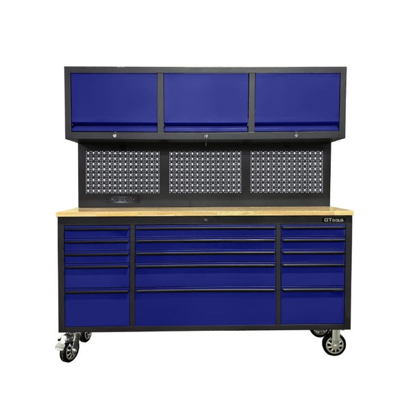 English Elm 72 Inch Rolling Steel Workshop Cabinet with Wood Bench Pegboard Drawers and LED Lighting W5675P513082