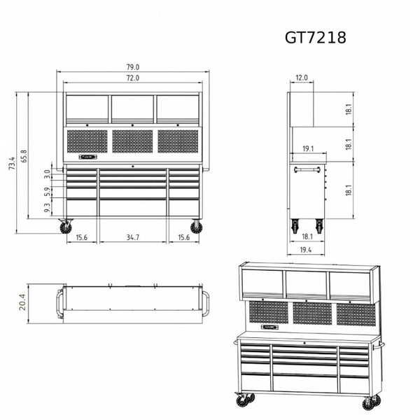 English Elm 72 Inch Rolling Steel Workshop Cabinet with Wood Bench Pegboard Drawers and LED Lighting W5675P513082