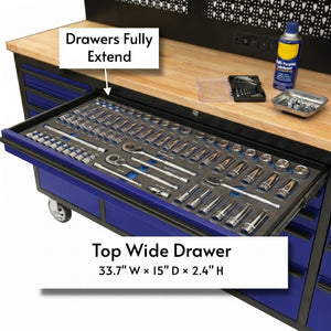 English Elm 72 Inch Rolling Steel Workshop Cabinet with Wood Bench Pegboard Drawers and LED Lighting W5675P513082