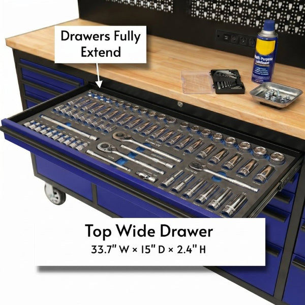 English Elm 72 Inch Rolling Steel Workshop Cabinet with Wood Bench Pegboard Drawers and LED Lighting W5675P513082