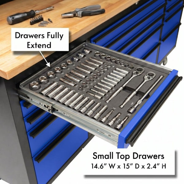 English Elm 72 Inch Rolling Steel Workshop Cabinet with Wood Bench Pegboard Drawers and LED Lighting W5675P513082