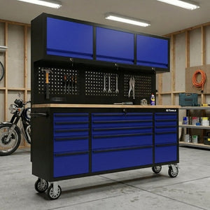 English Elm 72 Inch Rolling Steel Workshop Cabinet with Wood Bench Pegboard Drawers and LED Lighting W5675P513082