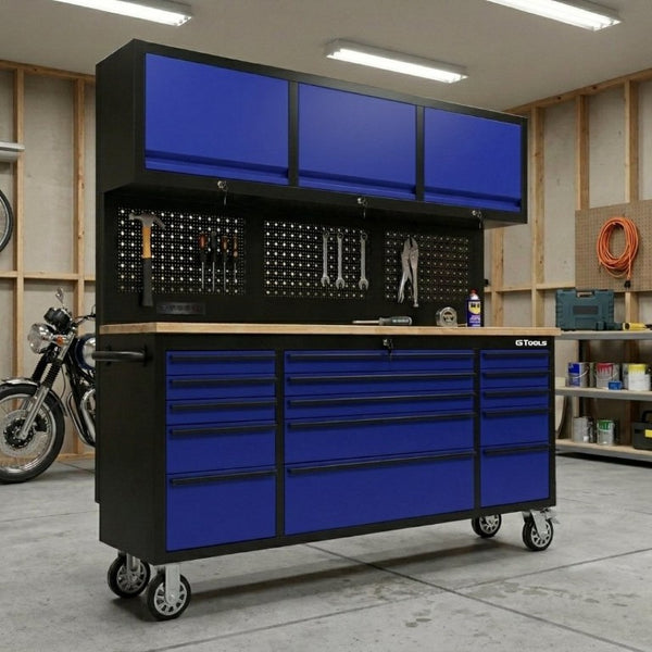 English Elm 72 Inch Rolling Steel Workshop Cabinet with Wood Bench Pegboard Drawers and LED Lighting W5675P513082