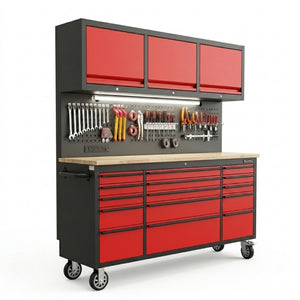 English Elm 72 Inch Heavy Duty Steel Rolling Workbench with Pegboard Upper Cabinets and Power Strip Red + Black W5675P513107