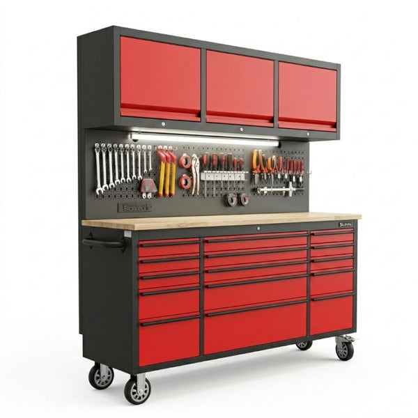 English Elm 72 Inch Heavy Duty Steel Rolling Workbench with Pegboard Upper Cabinets and Power Strip Red + Black W5675P513107