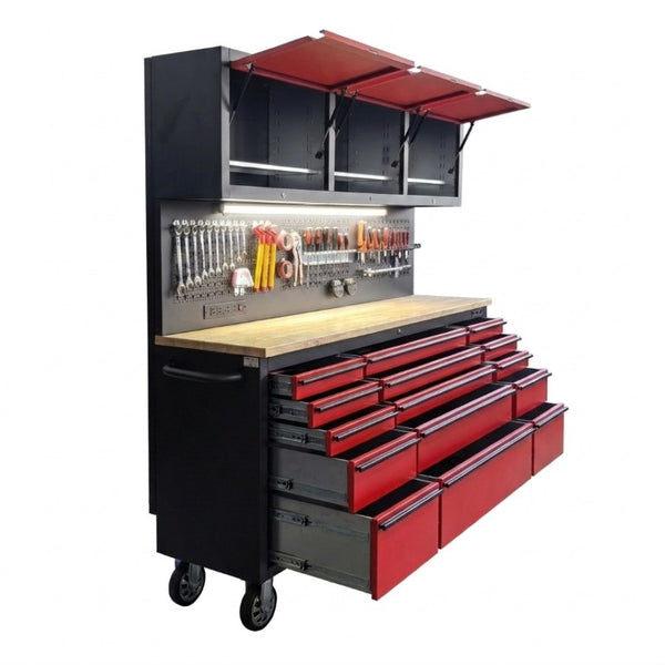 English Elm 72 Inch Heavy Duty Steel Rolling Workbench with Pegboard Upper Cabinets and Power Strip Red + Black W5675P513107