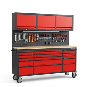 English Elm 72 Inch Heavy Duty Steel Rolling Workbench with Pegboard Upper Cabinets and Power Strip Red + Black W5675P513107