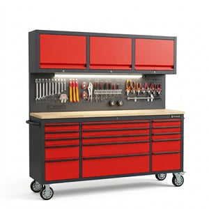 English Elm 72 Inch Heavy Duty Steel Rolling Workbench with Pegboard Upper Cabinets and Power Strip Red + Black W5675P513107