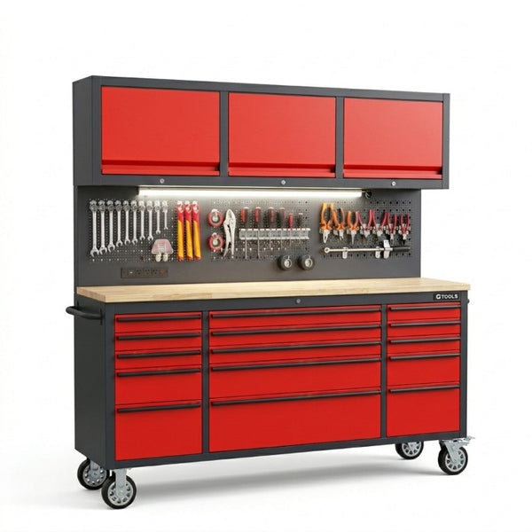 English Elm 72 Inch Heavy Duty Steel Rolling Workbench with Pegboard Upper Cabinets and Power Strip Red + Black W5675P513107