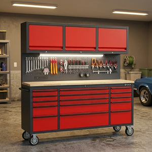 English Elm 72 Inch Heavy Duty Steel Rolling Workbench with Pegboard Upper Cabinets and Power Strip Red + Black W5675P513107