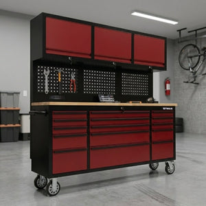 English Elm 72 Inch Heavy Duty Steel Rolling Workbench with Pegboard Upper Cabinets and Power Strip Red + Black W5675P513107