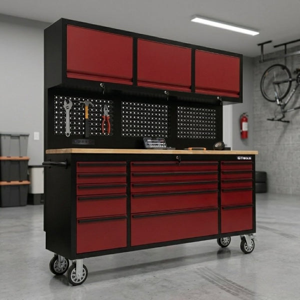 English Elm 72 Inch Heavy Duty Steel Rolling Workbench with Pegboard Upper Cabinets and Power Strip Red + Black W5675P513107