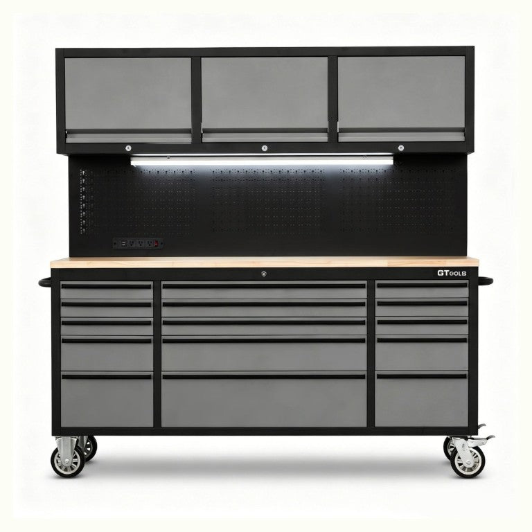 English Elm 72 Inch Heavy Duty Steel Rolling Workbench with Pegboard Upper Cabinets and Power Strip Black + Gray W5675P513113