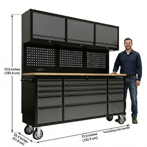English Elm 72 Inch Heavy Duty Steel Rolling Workbench with Pegboard Upper Cabinets and Power Strip Black + Gray W5675P513113