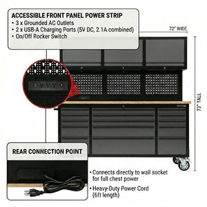 English Elm 72 Inch Heavy Duty Steel Rolling Workbench with Pegboard Upper Cabinets and Power Strip Black + Gray W5675P513113