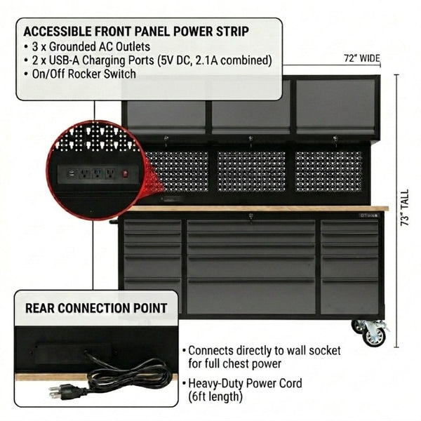 English Elm 72 Inch Heavy Duty Steel Rolling Workbench with Pegboard Upper Cabinets and Power Strip Black + Gray W5675P513113