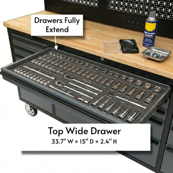 English Elm 72 Inch Heavy Duty Steel Rolling Workbench with Pegboard Upper Cabinets and Power Strip Black + Gray W5675P513113