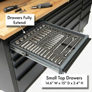English Elm 72 Inch Heavy Duty Steel Rolling Workbench with Pegboard Upper Cabinets and Power Strip Black + Gray W5675P513113