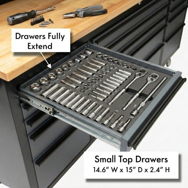 English Elm 72 Inch Heavy Duty Steel Rolling Workbench with Pegboard Upper Cabinets and Power Strip Black + Gray W5675P513113