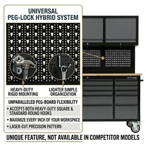 English Elm 72 Inch Heavy Duty Steel Rolling Workbench with Pegboard Upper Cabinets and Power Strip Black + Gray W5675P513113
