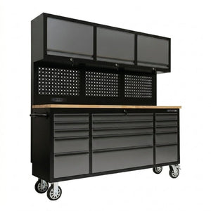 English Elm 72 Inch Heavy Duty Steel Rolling Workbench with Pegboard Upper Cabinets and Power Strip Black + Gray W5675P513113