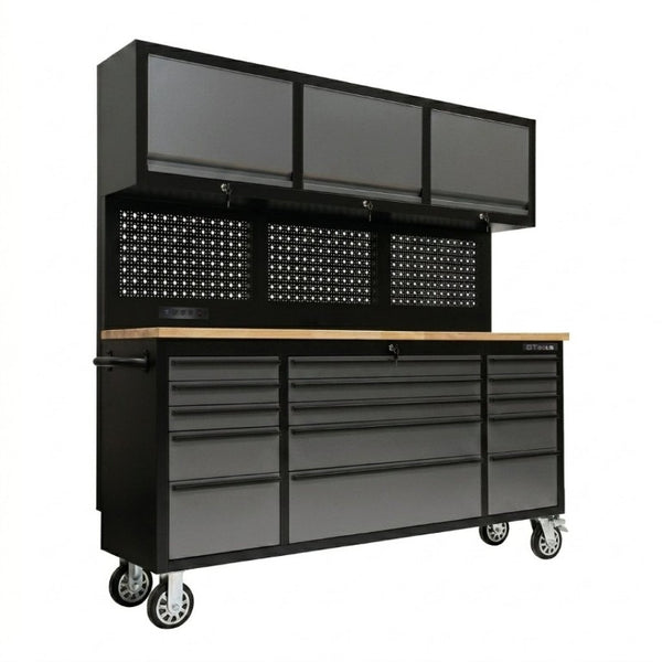 English Elm 72 Inch Heavy Duty Steel Rolling Workbench with Pegboard Upper Cabinets and Power Strip Black + Gray W5675P513113