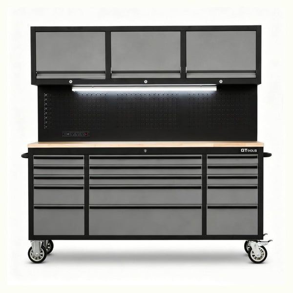 English Elm 72 Inch Heavy Duty Steel Rolling Workbench with Pegboard Upper Cabinets and Power Strip Black + Gray W5675P513113