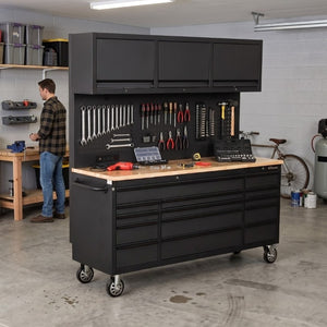 English Elm Overhead Rolling Tool Chest 79 Inch Tall 14 Drawers Pegboard and Built in Power Strip W5675P514132